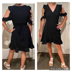 She + Sky navy blue and white polka dot wrap dress, size L